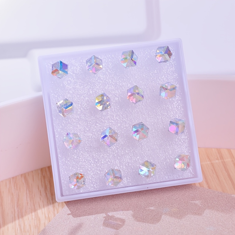 16pcs Crystal Stud Earrings Set, Plastic Post, Sensitive Ears